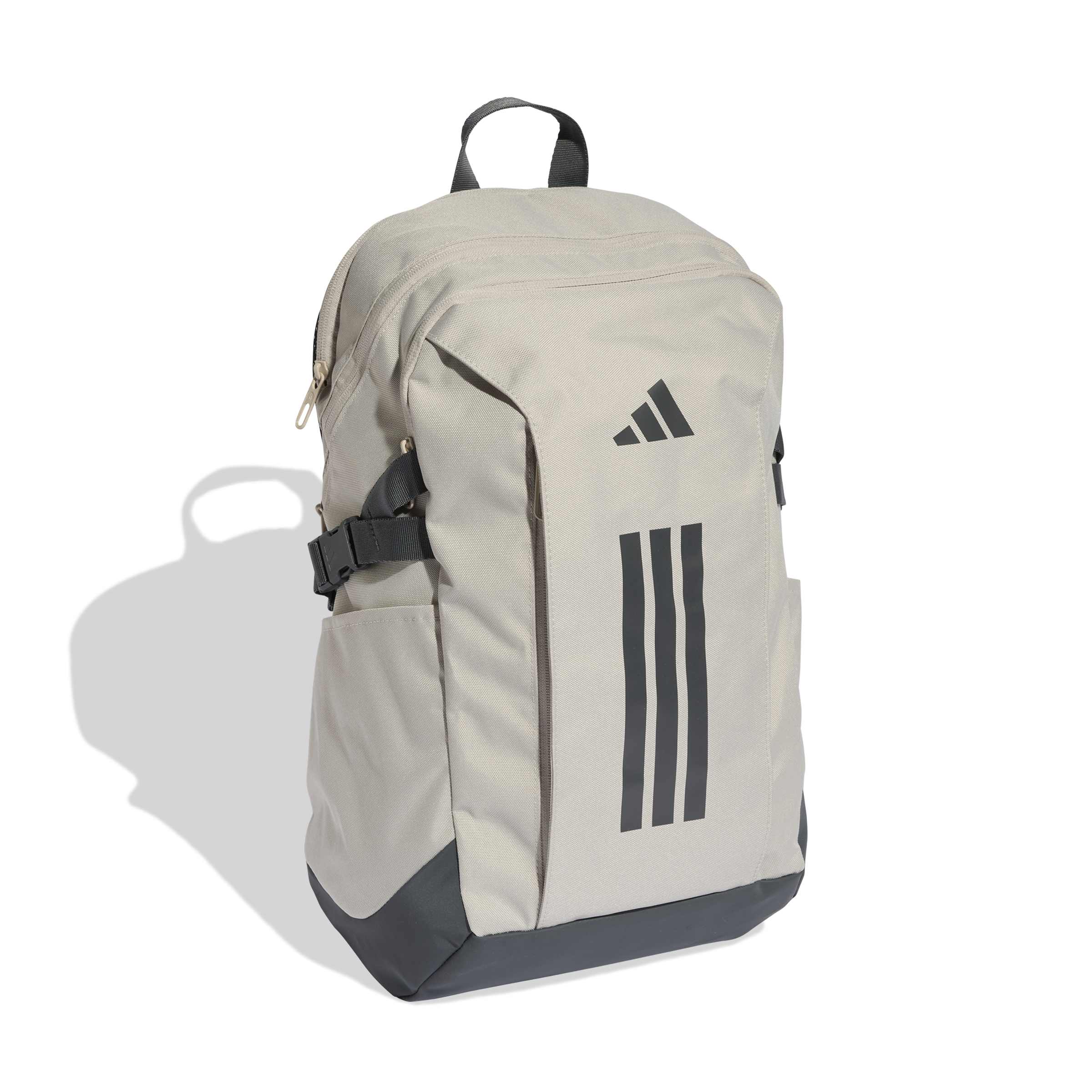 Mochila Adidas bege aberta mostrando compartimento principal com bolso para tablet e espaço para garrafa